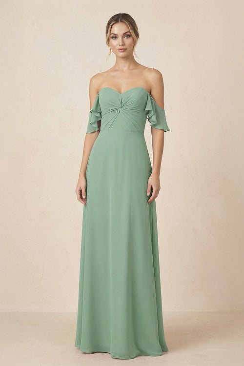 Off-the-Shoulder A-Line Chiffon Ruched Bridesmaid Dress in Sea Glass - SHE IS ME BRIDESMAID DRESSES