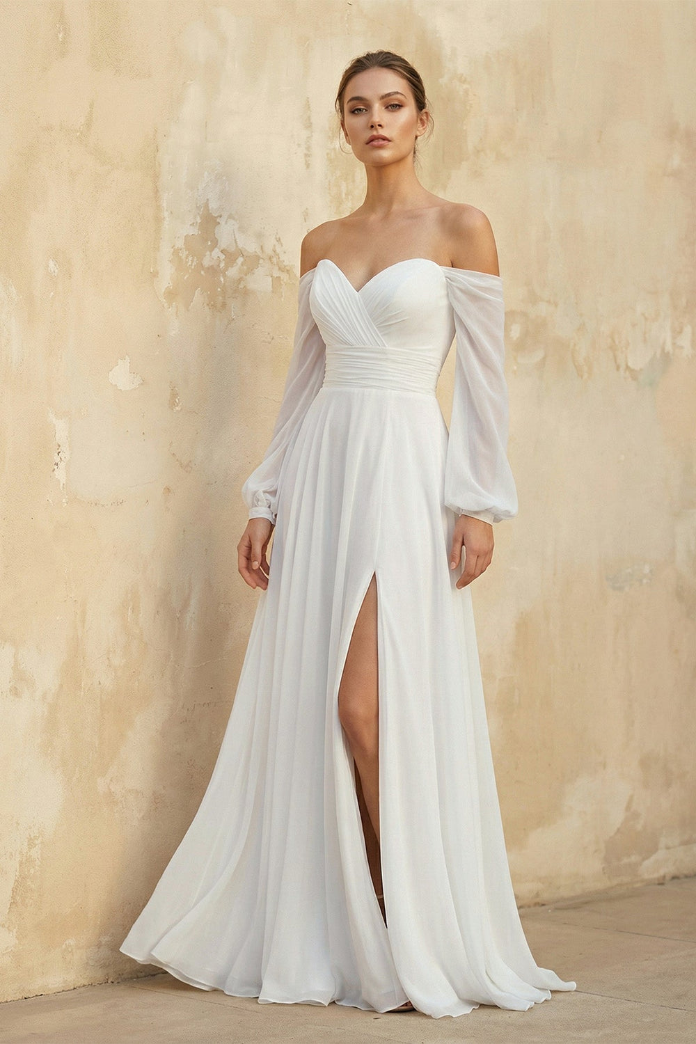 Off The Shoulder A Line Chiffon Wedding Dress With Slit - SHE IS ME Wedding Dresses