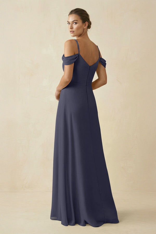 Off - the - Shoulder A - Line Pleated Chiffon Bridesmaid Gown in Dusk Blue - SHE IS ME Bridesmaid Dresses
