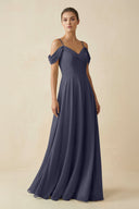 Off - the - Shoulder A - Line Pleated Chiffon Bridesmaid Gown in Dusk Blue - SHE IS ME Bridesmaid Dresses