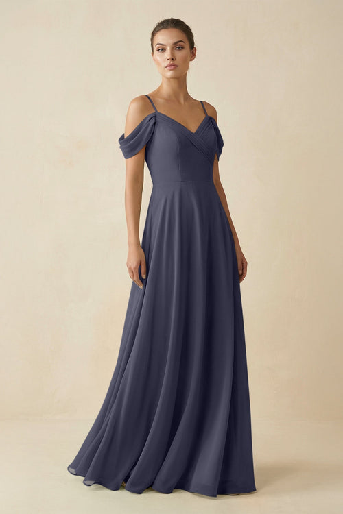 Off - the - Shoulder A - Line Pleated Chiffon Bridesmaid Gown in Dusk Blue - SHE IS ME Bridesmaid Dresses