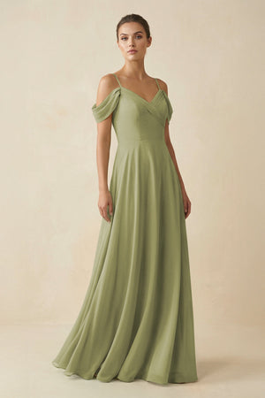Off - the - Shoulder A - Line Pleated Chiffon Bridesmaid Gown in Moss Green - SHE IS ME Bridesmaid Dresses