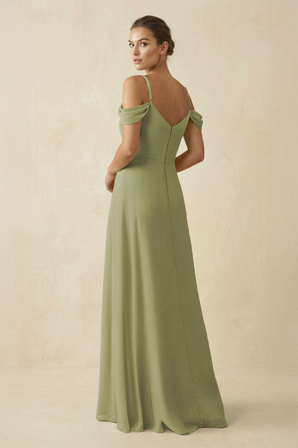 Off - the - Shoulder A - Line Pleated Chiffon Bridesmaid Gown in Moss Green - SHE IS ME Bridesmaid Dresses