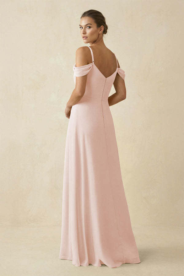 Off - the - Shoulder A - Line Pleated Chiffon Bridesmaid Gown in Pale Blush - SHE IS ME Bridesmaid Dresses