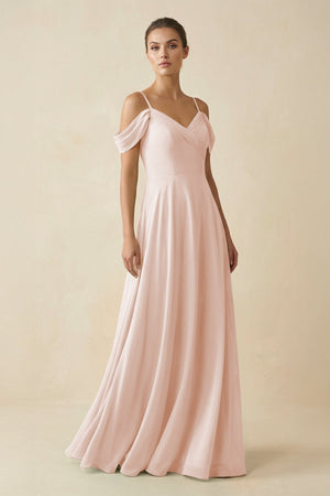 Off - the - Shoulder A - Line Pleated Chiffon Bridesmaid Gown in Pale Blush - SHE IS ME Bridesmaid Dresses