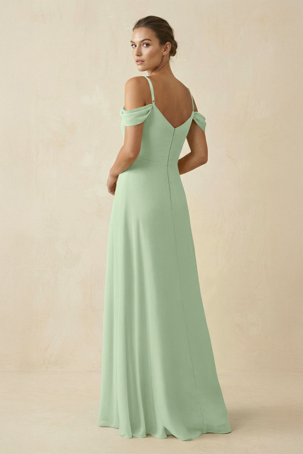 Off - the - Shoulder A - Line Pleated Chiffon Bridesmaid Gown in Sage - SHE IS ME Bridesmaid Dresses