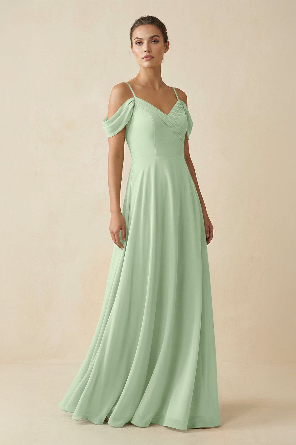 Off - the - Shoulder A - Line Pleated Chiffon Bridesmaid Gown in Sage - SHE IS ME Bridesmaid Dresses