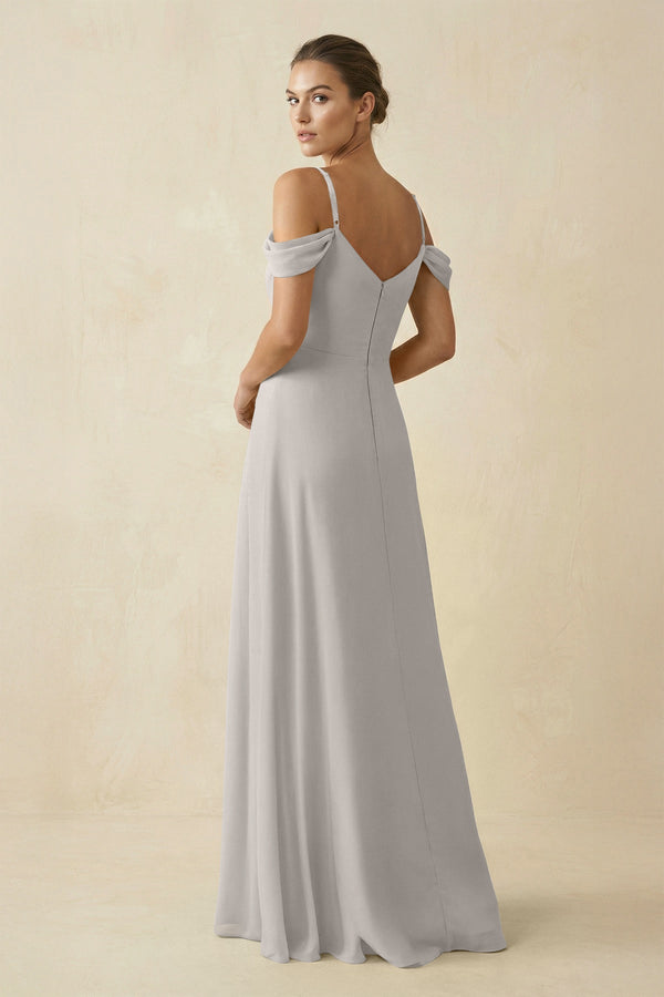 Off - the - Shoulder A - Line Pleated Chiffon Bridesmaid Gown in Silver - SHE IS ME Bridesmaid Dresses
