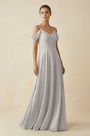 Off - the - Shoulder A - Line Pleated Chiffon Bridesmaid Gown in Silver - SHE IS ME Bridesmaid Dresses