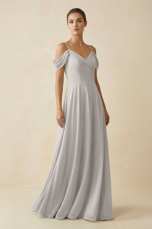 Off - the - Shoulder A - Line Pleated Chiffon Bridesmaid Gown in Silver - SHE IS ME Bridesmaid Dresses