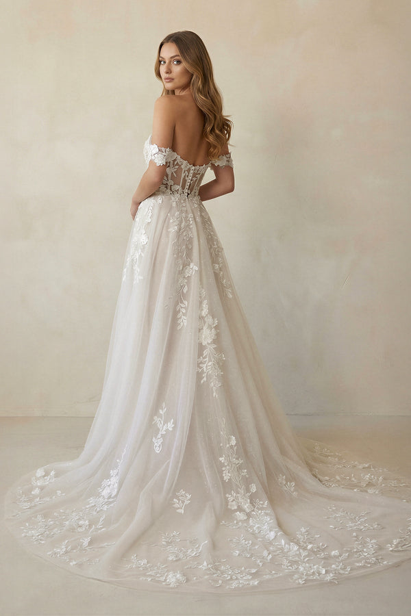 Off The Shoulder Appliqued Wedding Dress With Slit in White and Nude - SHE IS ME Wedding Dresses