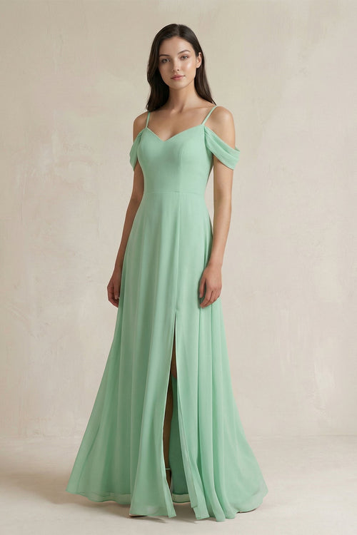 Off-the-Shoulder Chiffon A-Line Bridesmaid Dress in Pale Pistachio - SHE IS ME BRIDESMAID DRESSES
