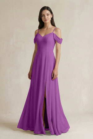Off - the - Shoulder Chiffon A - Line Bridesmaid Dress in Amethyst - SHE IS ME Bridesmaid Dresses