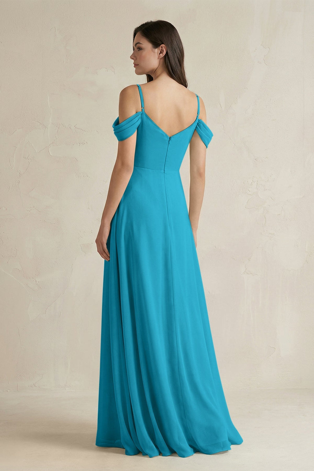Off - the - Shoulder Chiffon A - Line Bridesmaid Dress in Blue Jay - SHE IS ME Bridesmaid Dresses