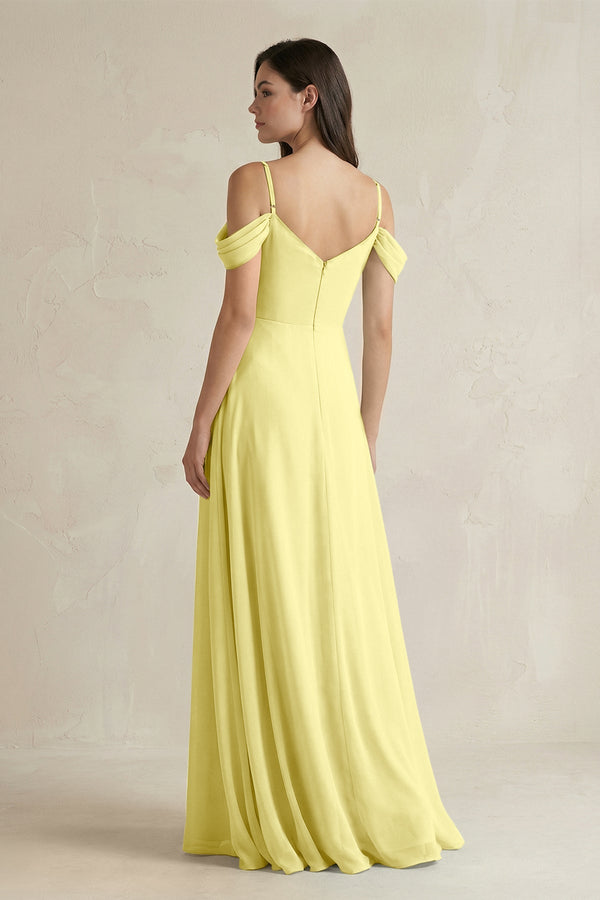 Off - the - Shoulder Chiffon A - Line Bridesmaid Dress in Buttercup - SHE IS ME Bridesmaid Dresses