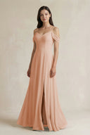 Off - the - Shoulder Chiffon A - Line Bridesmaid Dress in Champagne Rose - SHE IS ME Bridesmaid Dresses