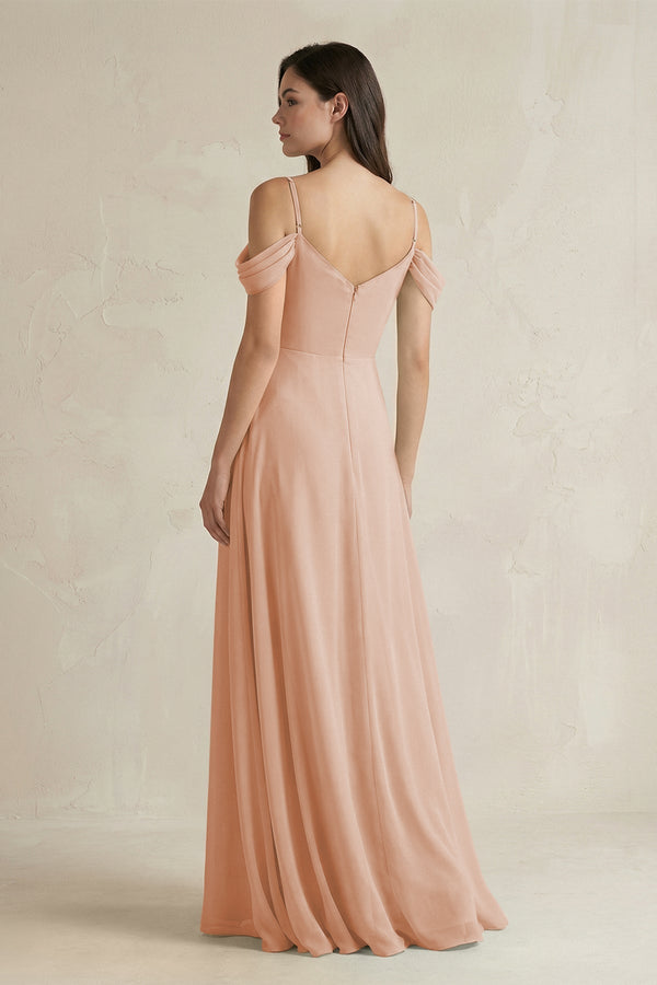 Off - the - Shoulder Chiffon A - Line Bridesmaid Dress in Champagne Rose - SHE IS ME Bridesmaid Dresses