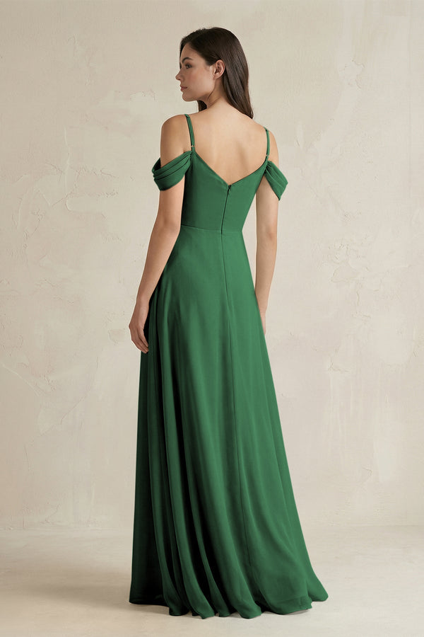 Off - the - Shoulder Chiffon A - Line Bridesmaid Dress in Dark Green - SHE IS ME Bridesmaid Dresses