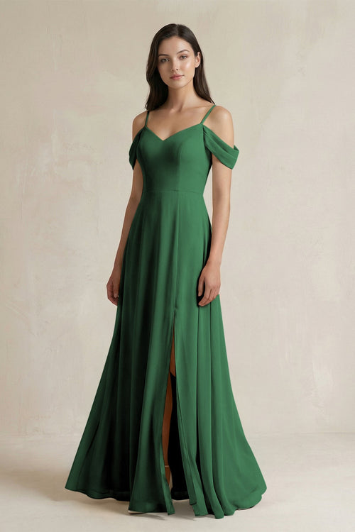 Off - the - Shoulder Chiffon A - Line Bridesmaid Dress in Dark Green - SHE IS ME Bridesmaid Dresses