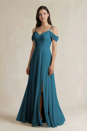 Off - the - Shoulder Chiffon A - Line Bridesmaid Dress in Dark Teal - SHE IS ME Bridesmaid Dresses