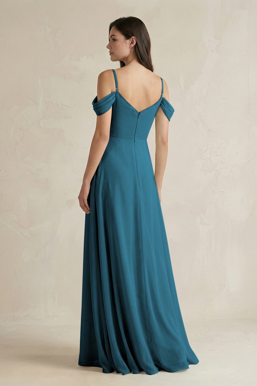 Off - the - Shoulder Chiffon A - Line Bridesmaid Dress in Dark Teal - SHE IS ME Bridesmaid Dresses