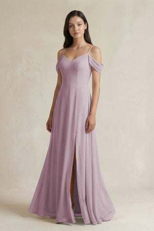Off - the - Shoulder Chiffon A - Line Bridesmaid Dress in Dusk - SHE IS ME Bridesmaid Dresses