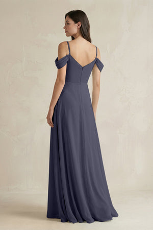 Off - the - Shoulder Chiffon A - Line Bridesmaid Dress in Dusk Blue - SHE IS ME Bridesmaid Dresses