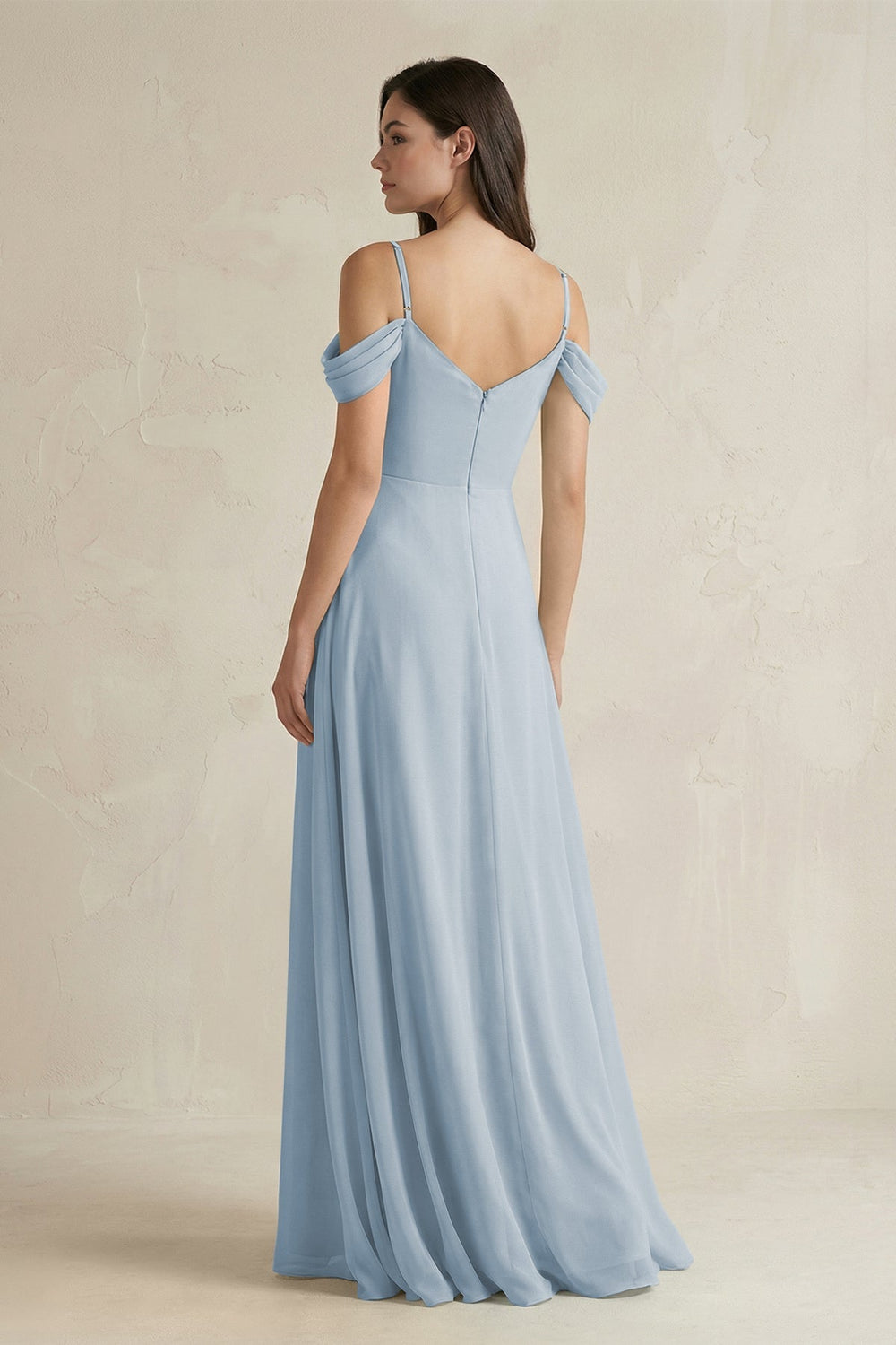 Off - the - Shoulder Chiffon A - Line Bridesmaid Dress in Dusty Blue - SHE IS ME Bridesmaid Dresses