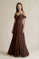 Off - the - Shoulder Chiffon A - Line Bridesmaid Dress in Espresso - SHE IS ME Bridesmaid Dresses