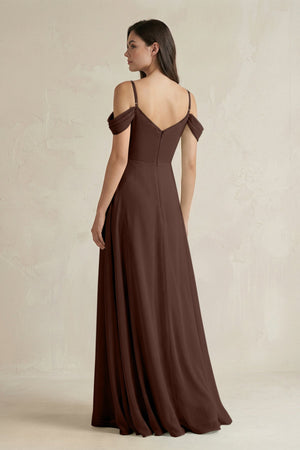 Off - the - Shoulder Chiffon A - Line Bridesmaid Dress in Espresso - SHE IS ME Bridesmaid Dresses