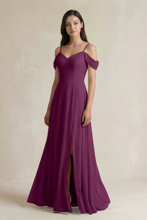 Off - the - Shoulder Chiffon A - Line Bridesmaid Dress in Fig - SHE IS ME Bridesmaid Dresses