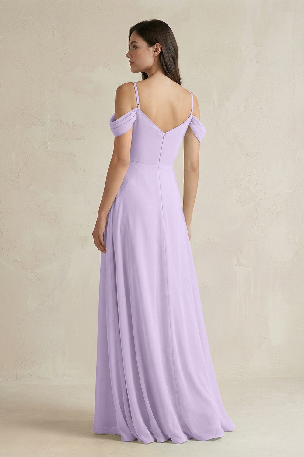 Off - the - Shoulder Chiffon A - Line Bridesmaid Dress in Lavender - SHE IS ME Bridesmaid Dresses