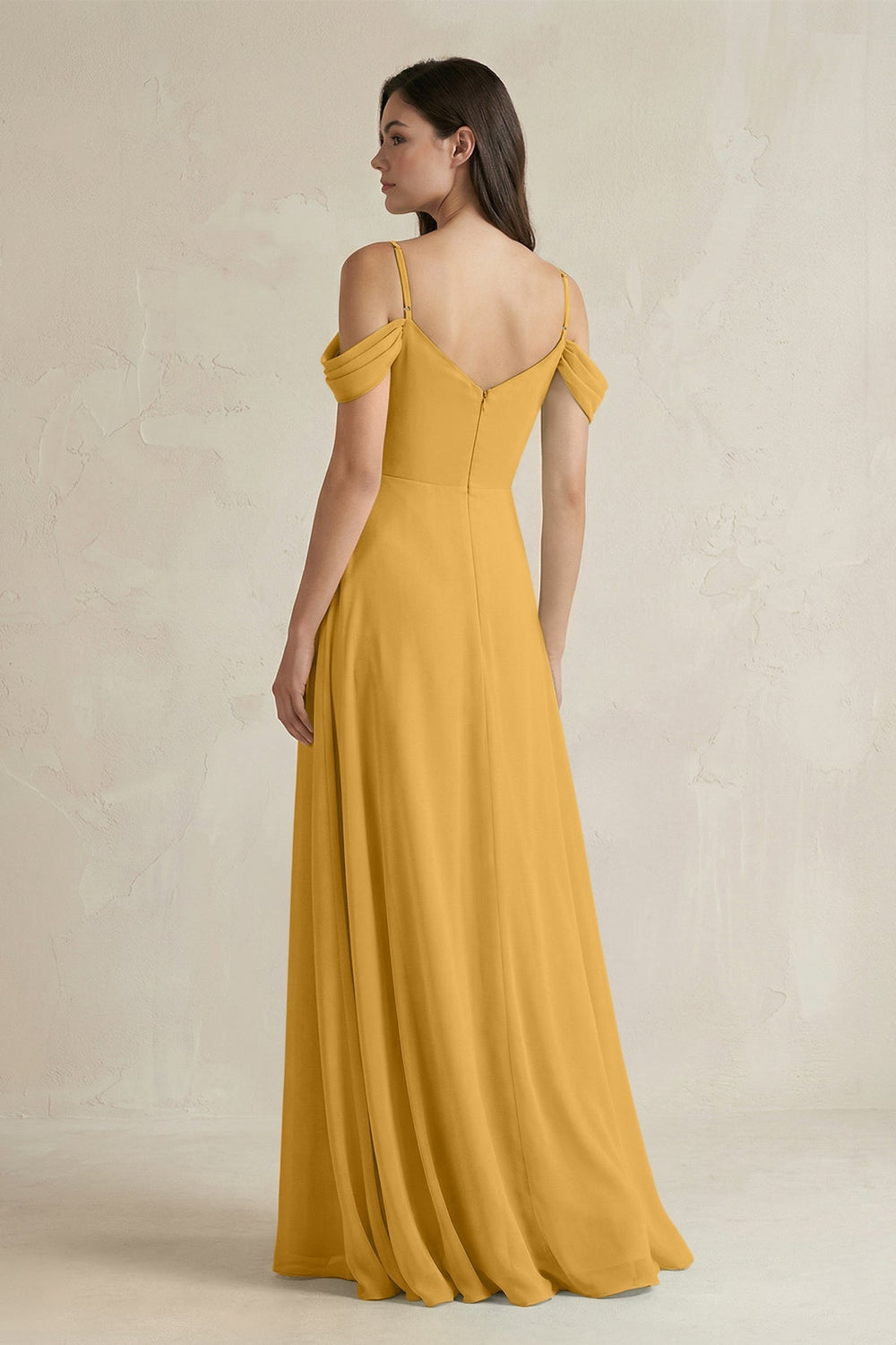 Off - the - Shoulder Chiffon A - Line Bridesmaid Dress in Marigold - SHE IS ME Bridesmaid Dresses