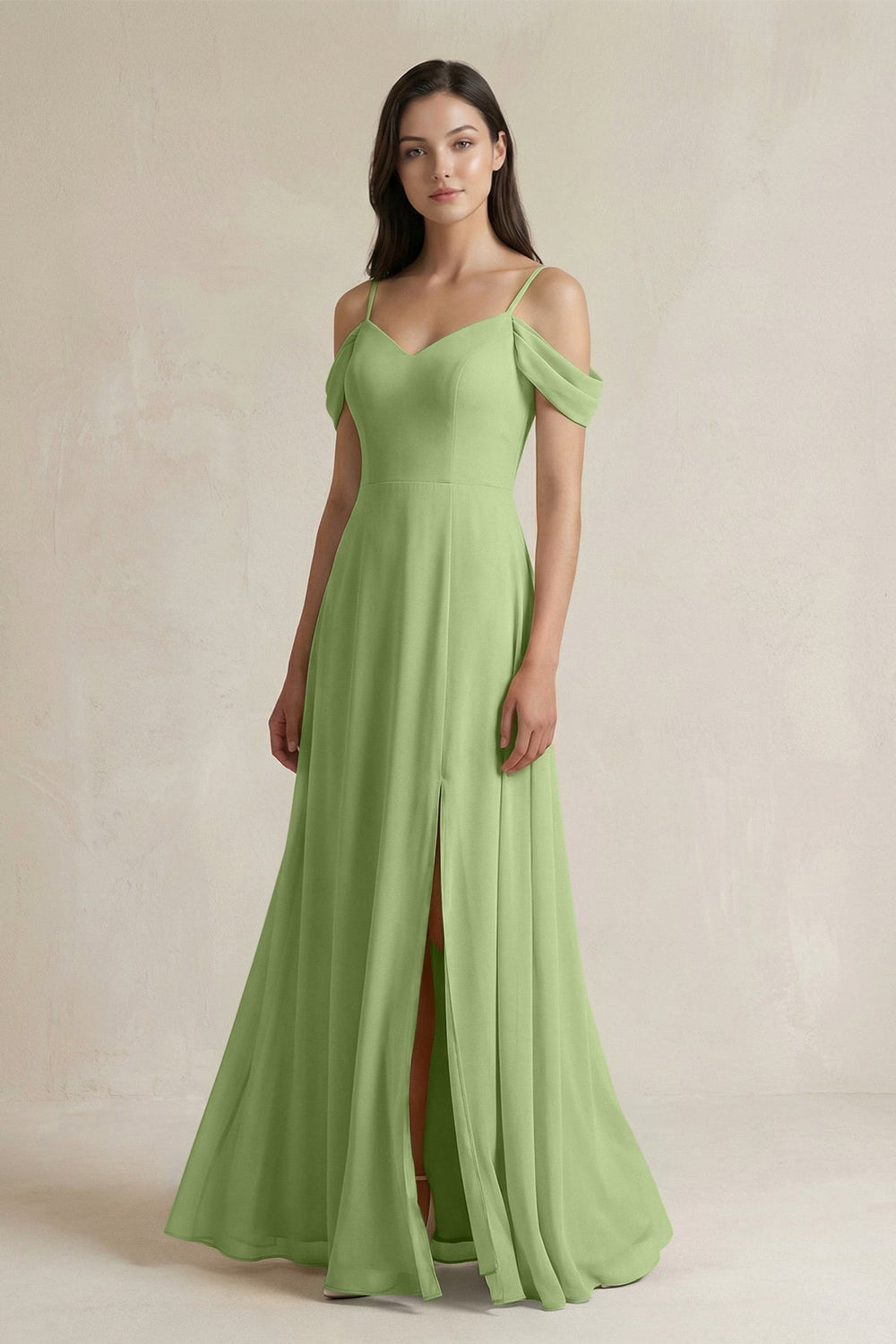 Off - the - Shoulder Chiffon A - Line Bridesmaid Dress in Matcha - SHE IS ME Bridesmaid Dresses