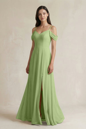 Off - the - Shoulder Chiffon A - Line Bridesmaid Dress in Matcha - SHE IS ME Bridesmaid Dresses