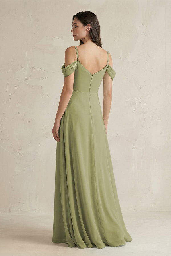 Off - the - Shoulder Chiffon A - Line Bridesmaid Dress in Moss Green - SHE IS ME Bridesmaid Dresses