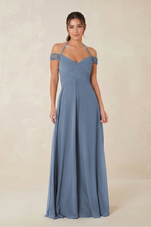 Off - the - Shoulder Chiffon A - Line Bridesmaid Dress in Neptune - SHE IS ME Bridesmaid Dresses