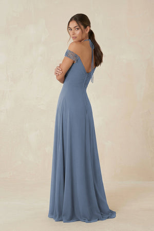 Off - the - Shoulder Chiffon A - Line Bridesmaid Dress in Neptune - SHE IS ME Bridesmaid Dresses
