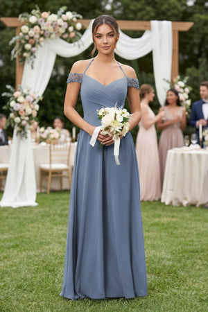 Off - the - Shoulder Chiffon A - Line Bridesmaid Dress in Neptune - SHE IS ME Bridesmaid Dresses