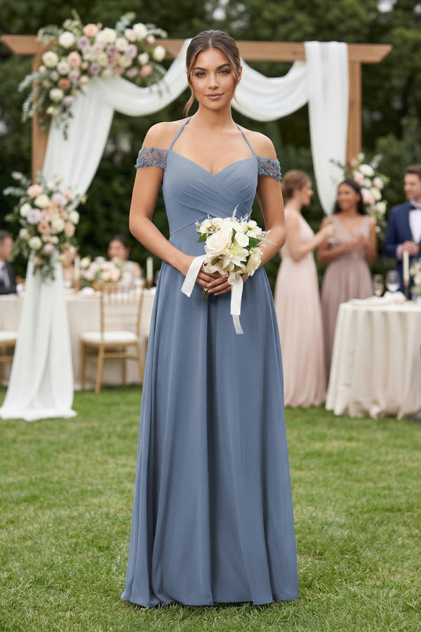 Off - the - Shoulder Chiffon A - Line Bridesmaid Dress in Neptune - SHE IS ME Bridesmaid Dresses