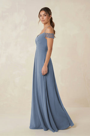 Off - the - Shoulder Chiffon A - Line Bridesmaid Dress in Neptune - SHE IS ME Bridesmaid Dresses