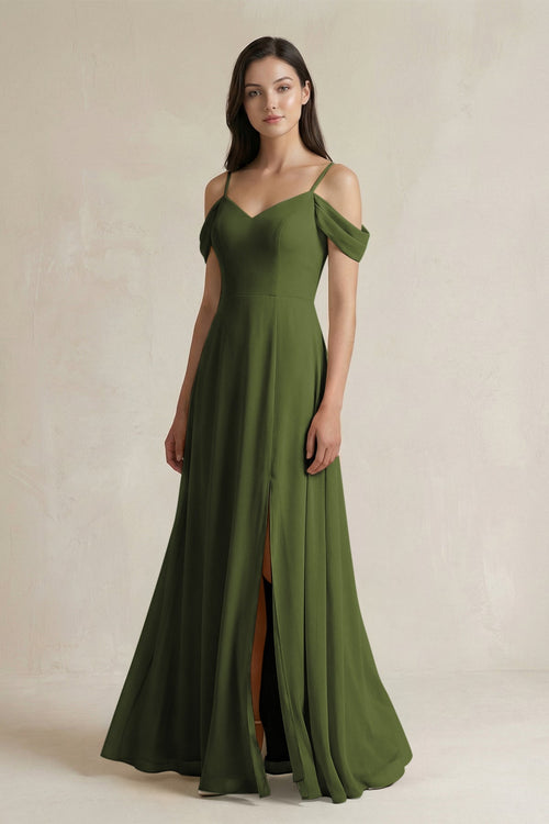 Off - the - Shoulder Chiffon A - Line Bridesmaid Dress in Olive - SHE IS ME Bridesmaid Dresses