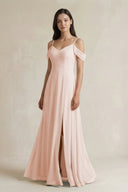 Off - the - Shoulder Chiffon A - Line Bridesmaid Dress in Pale Blush - SHE IS ME Bridesmaid Dresses