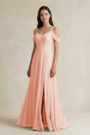 Off - the - Shoulder Chiffon A - Line Bridesmaid Dress in Rose Petal - SHE IS ME Bridesmaid Dresses
