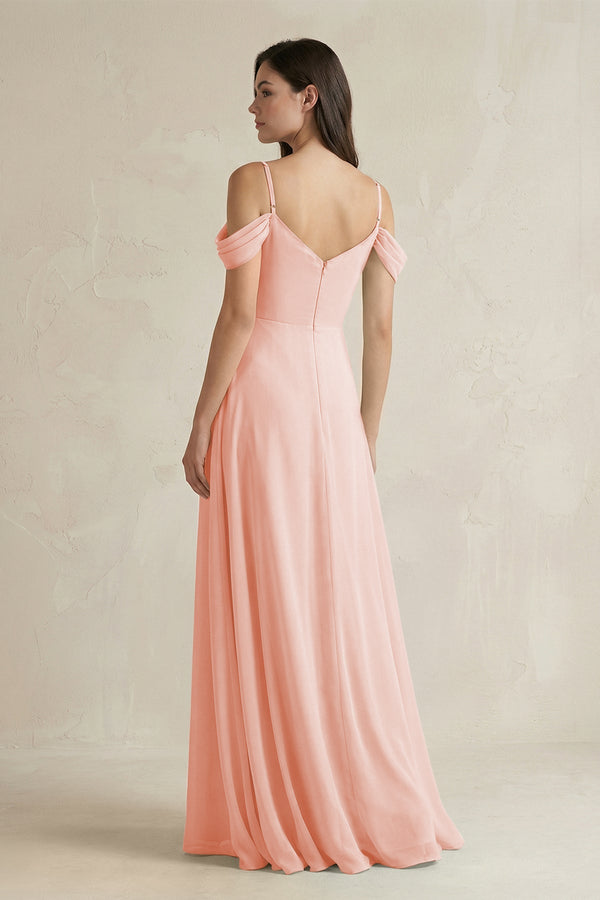Off - the - Shoulder Chiffon A - Line Bridesmaid Dress in Rose Petal - SHE IS ME Bridesmaid Dresses