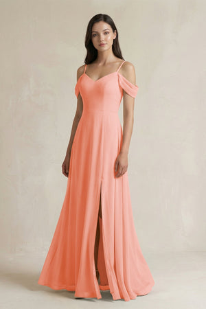 Off - the - Shoulder Chiffon A - Line Bridesmaid Dress in Rosette - SHE IS ME Bridesmaid Dresses