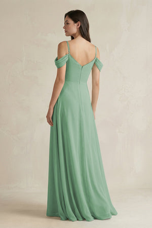 Off - the - Shoulder Chiffon A - Line Bridesmaid Dress in Sea Glass - SHE IS ME Bridesmaid Dresses