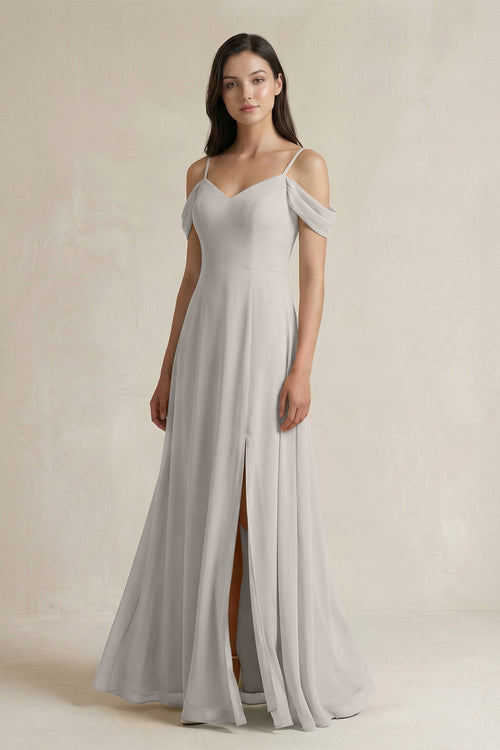 Off - the - Shoulder Chiffon A - Line Bridesmaid Dress in Silver - SHE IS ME Bridesmaid Dresses