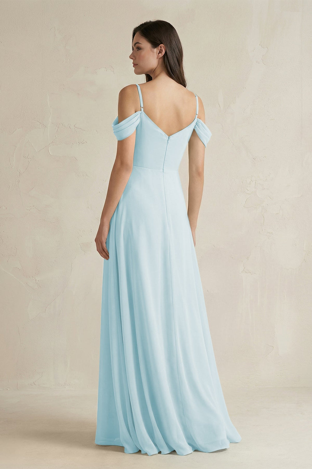 Off - the - Shoulder Chiffon A - Line Bridesmaid Dress in Sky Blue - SHE IS ME Bridesmaid Dresses