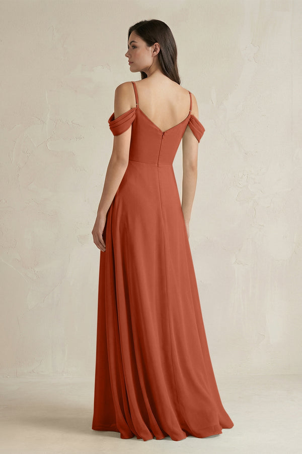 Off - the - Shoulder Chiffon A - Line Bridesmaid Dress in Spice - SHE IS ME Bridesmaid Dresses